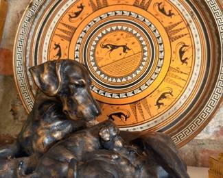 Greek key decorative plate, bronze-finish dog and puppy sculpture