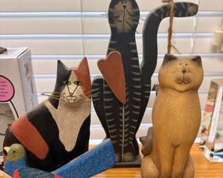 Tall carved wooden cat figurines, folk art painted cats, set of 3
