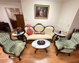 Victorian green velvet parlor set, sofa and chairs, marble-top coffee table, framed portrait