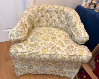 Upholstered barrel club chair, floral fabric, cream and yellow tones