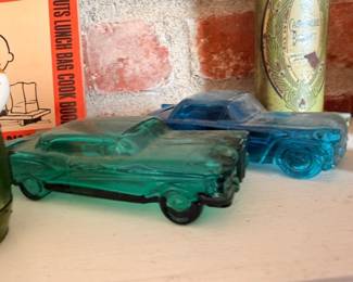 Vintage blue glass car candy containers, collectible glass automobiles