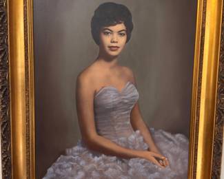 Oil portrait painting of woman in formal dress, ornate gold gilt frame