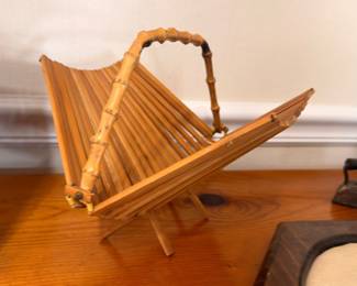 Vintage wooden collapsible folding basket with bamboo handle