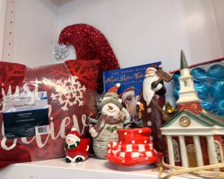 Christmas decorations lot, Santa figurines, Believe sign, glitter gift boxes, holiday village