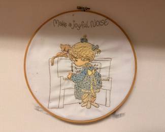 Vintage Precious Moments cross-stitch embroidery hoop, Make a Joyful Noise
