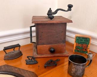 Antique wooden coffee grinder with cast iron crank, sad iron, copper cup