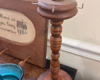 Vintage turned wood pedestal stand with copper base