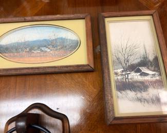Framed landscape paintings, oval mountain scene and winter barn scene