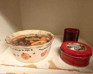 Decorative ceramic baking bowl, red hobnail glass votive, cranberry scone tin