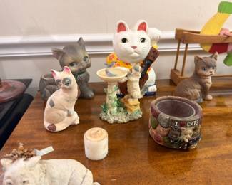 Ceramic cat figurine collection, white cat cookie jar, stoneware crock, collectible ceramics