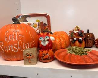 Fall Thanksgiving decorations, Hello Sunshine pumpkin, Give Thanks plate, turkey figurine