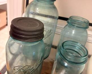 Vintage blue Ball Mason jars with zinc lids, assorted sizes, collectible canning jars