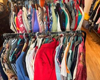 Women's clothing lot, blouses, dresses, tops, assorted colors and styles