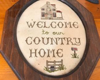 Vintage cross-stitch "Welcome to our Country Home" wooden wall plaque