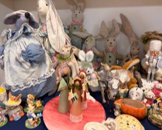 Easter collectibles lot, stuffed bunnies, rabbit figurines, spring decorations