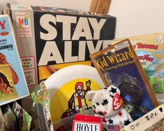 Vintage board games, Milton Bradley Stay Alive, Hoyle cards, kid's games lot