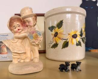 Goebel M.J. Hummel figurine with box, vintage bride and groom figurine, stoneware crock