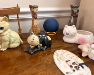 Ceramic cat figurines, owl figurine, blue gazing ball, pink ceramic planter
