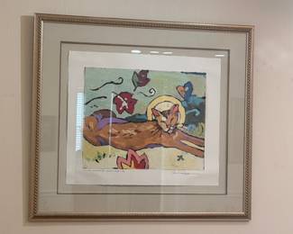 Framed signed abstract cat art print, matted in silver frame