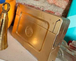 Vintage brass stamp box desk organizer, brass bottle opener