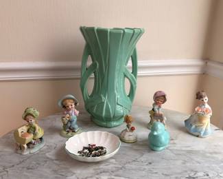 Vintage green art pottery vase, ceramic girl figurines, marble-top table
