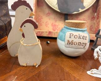 Wooden chicken rooster figurines, "Poker Money" ceramic jar, country decor