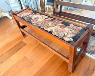 Wood bench with cat tapestry upholstered seat