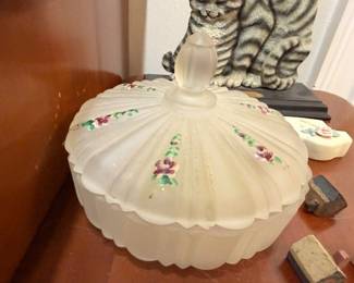 Vintage hand-painted frosted glass lamp shade, ruffled edge floral design