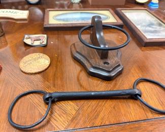 Antique cast iron branding iron, wrought iron boot scraper, brass medallion