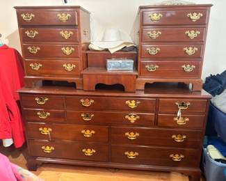 Cherry highboy chest of drawers with brass pulls, traditional colonial style