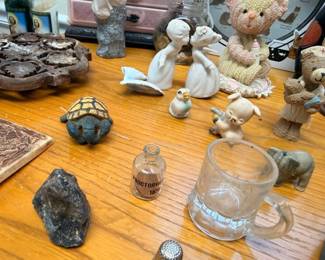 Collectible figurines lot, stained glass turtle lamp, ceramic angel, teddy bear, bird figurines