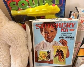 Vintage toys, Power Squirt water gun, stitchery craft kit