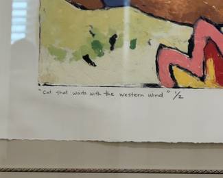 Signed limited edition abstract cat print, "Cat that waits with the western wind" 1/2