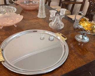 Silver-plated round serving tray, crystal shakers, silver-plated serveware lot