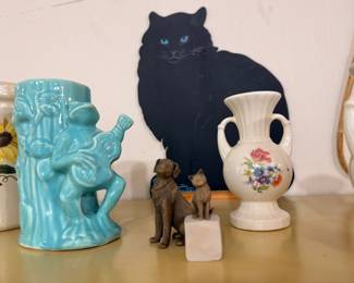 Large black ceramic cat figurine, turquoise art pottery vase, floral porcelain urn
