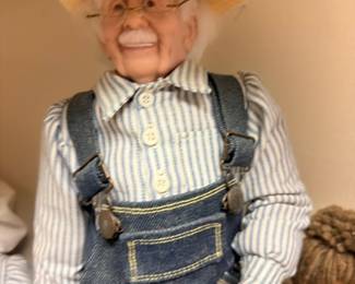 Large folk art farmer doll in overalls and straw hat, ventriloquist dummy style