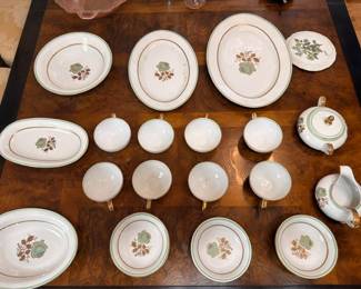 Vintage china dinnerware set, green floral pattern, plates bowls cups creamer platter