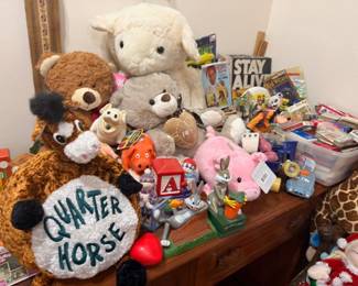 Vintage toys lot, stuffed animals, Stay Alive board game, Quarter Horse sign, children's items
