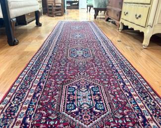 Persian hand-knotted runner rug, red blue and cream, traditional medallion design