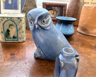 Large blue ceramic parrot figurine, vintage decorative tin, blue pottery candleholder