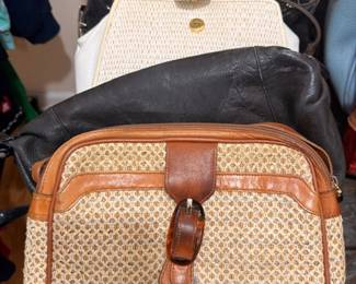 Women's handbags lot, woven straw purse, leather bags, assorted styles