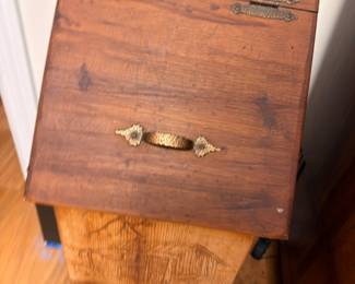 Antique wooden document box with brass hardware and hinges
