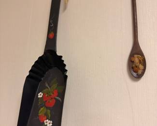 Vintage tole painted wooden spoon and paddle, folk art wall decor