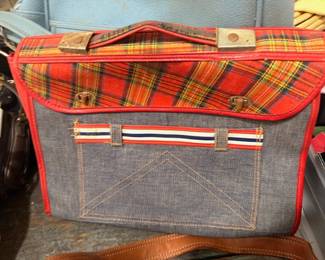 Vintage red plaid satchel bag with denim trim