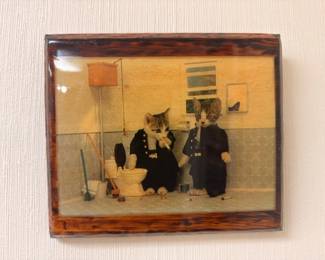 Vintage framed painting of cats in parlor scene, novelty art