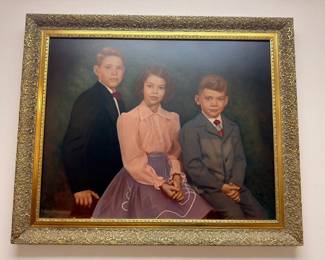 Vintage family portrait painting in ornate gilt frame, mid-century oil painting