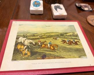 Antique "Vale of Aylesbury Steeple Chase" equestrian horse racing print, red mat