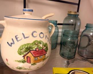 Ceramic Welcome teapot with cottage scene, vintage blue Mason jars