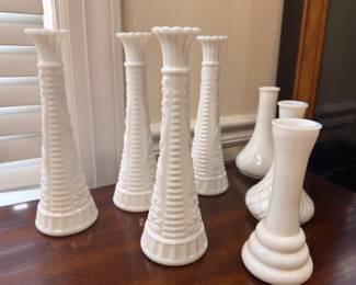 White milk glass vase collection, assorted bud vases and candlesticks