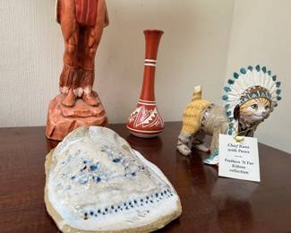 Native American chief figurines, carved wood statue, red ceramic vase, decorative collectibles